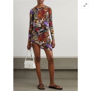 Leslie Amon Ruched Printed Stretch-Mesh Mini Dress - Black, size Small